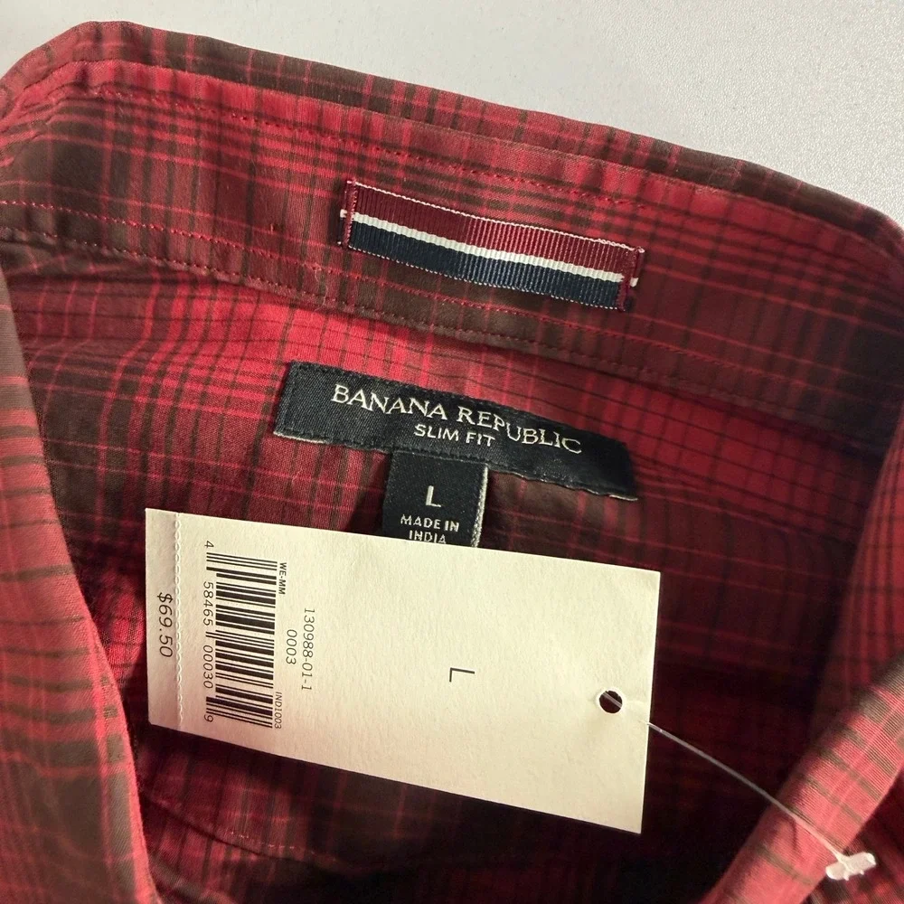 Banana Republic Shirt Mens Large Red Pearl Snap Western Plaid Slim Fit Cowboy